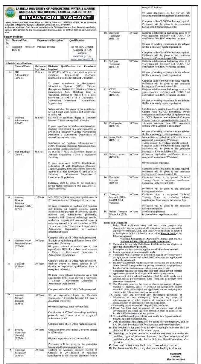 Teaching and Non-Teaching Job Vacancies in LUAWMS 2025 