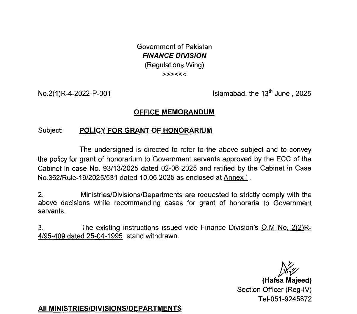 Notification for Grant of Honorarium to Government Servants