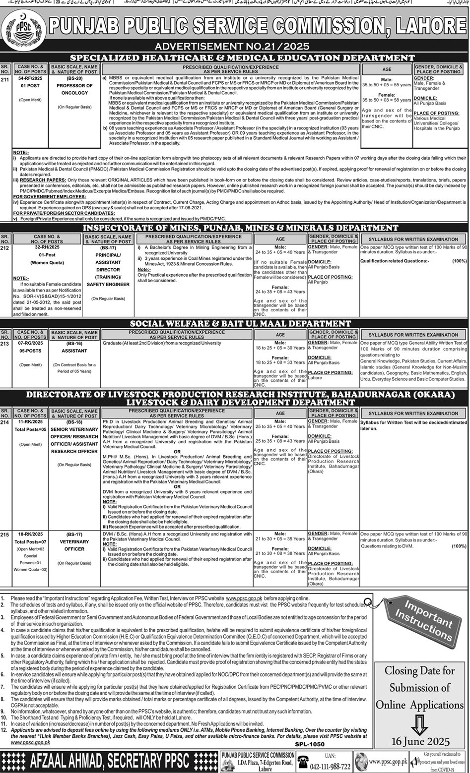 PPSC Advertisement No. 21/2025 showing job vacancies in Punjab's Healthcare, Mines, and Social Welfare departments.
