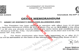 Notification of Disparity Reduction Allowance (DRA) 2025 @ 30% (Federal Govt)