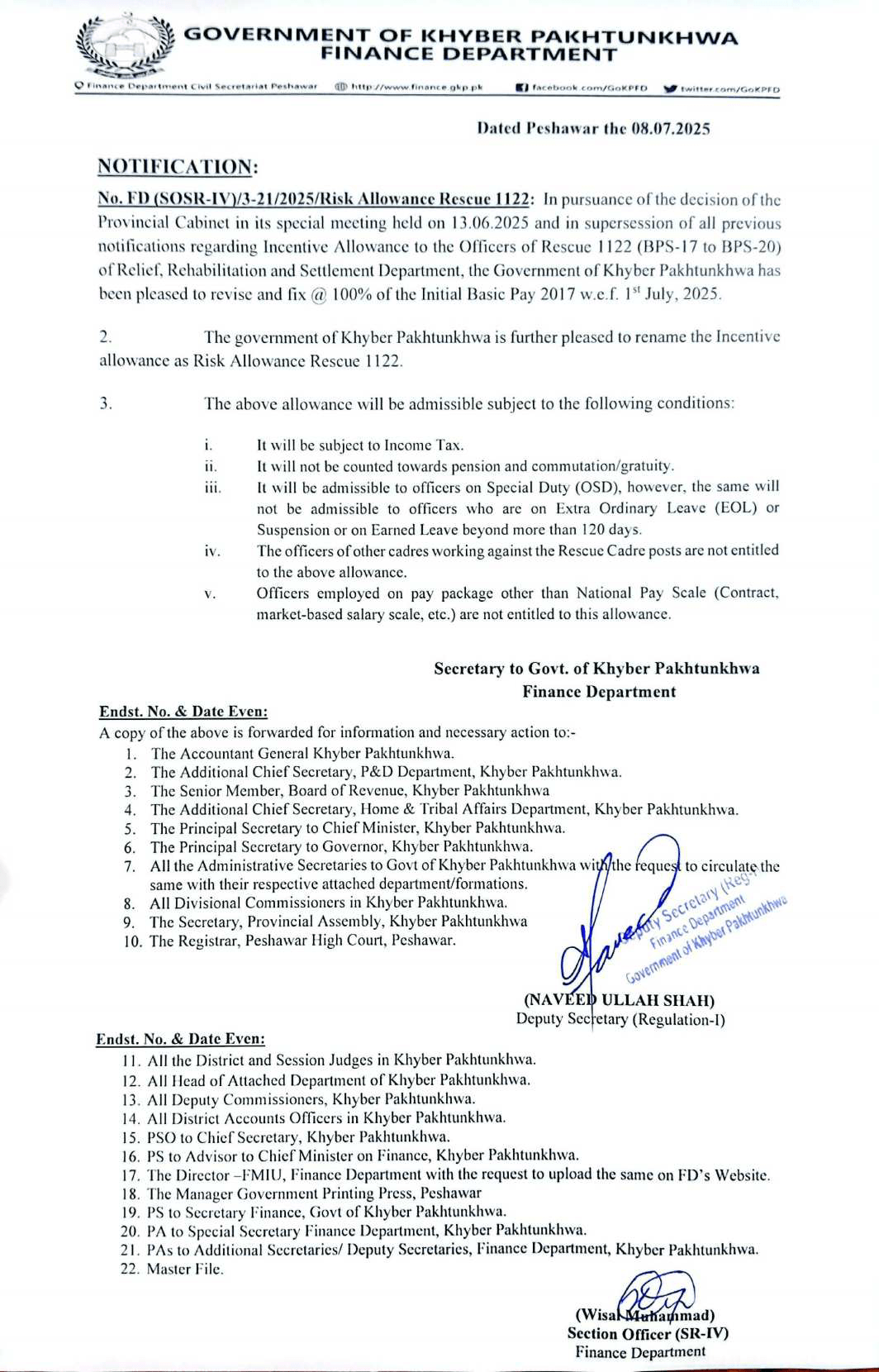 Risk Allowance 2025 Rescue 1122 (BPS 17-20)