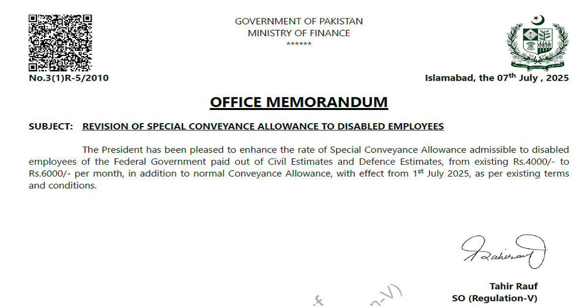 Notification Special Conveyance Allowance 2025 @ 6000/- Per Month (Federal)