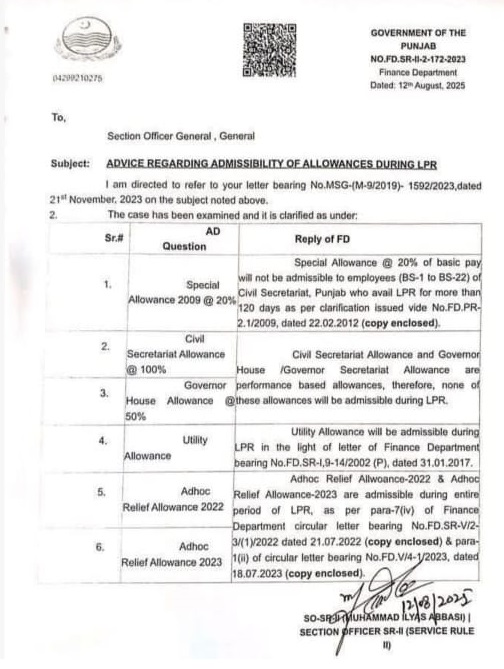 Advice Regarding Admissibility of Allowance During LPR