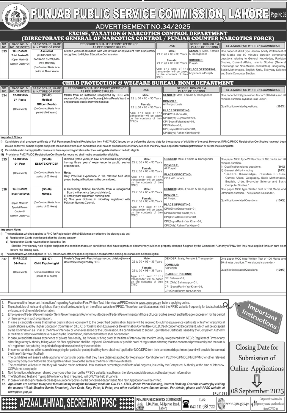 Assistants, Junior Clerks and Others Vacancies through PPSC Jobs Ad No. 34 of 2025