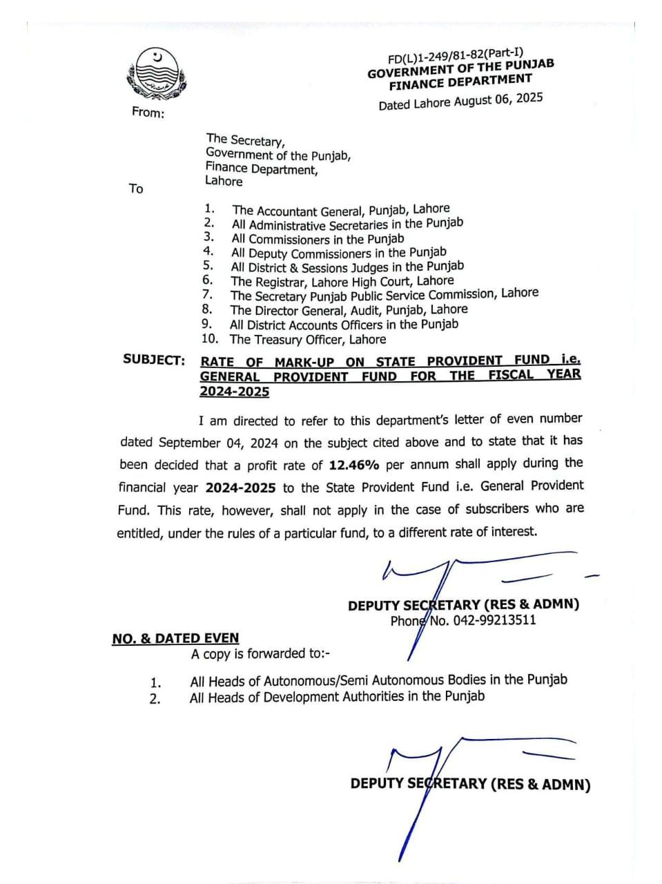 Rate of Mark-Up GP Fund Punjab for 2024-25