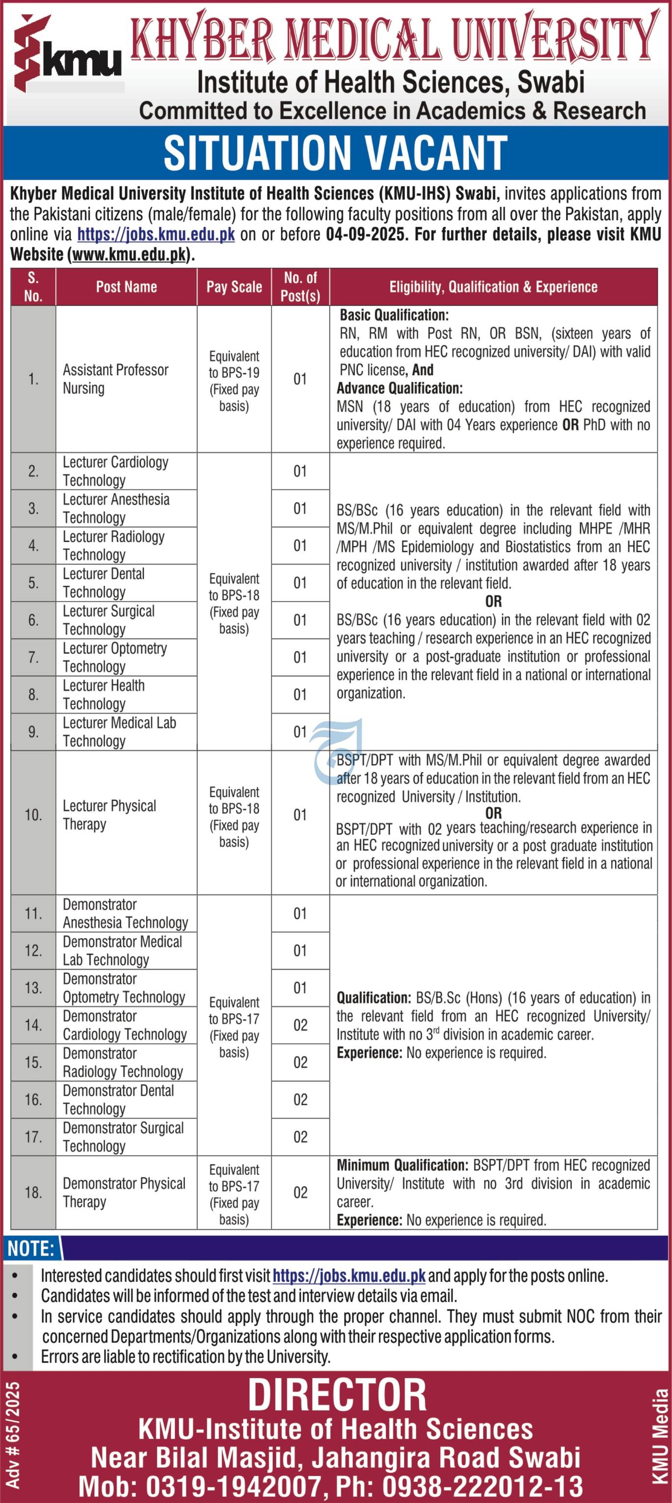 Khyber Medical University Jobs 2025 KMU Advertisement Swabi
