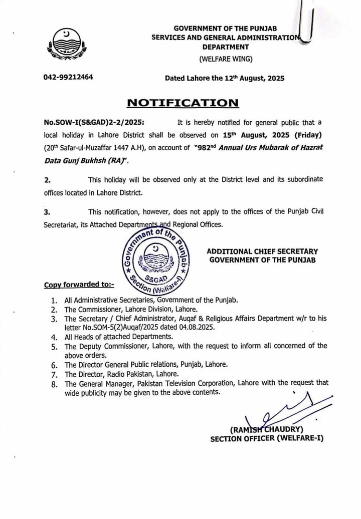 Local Holiday on 15-Aug-2025 in Lahore