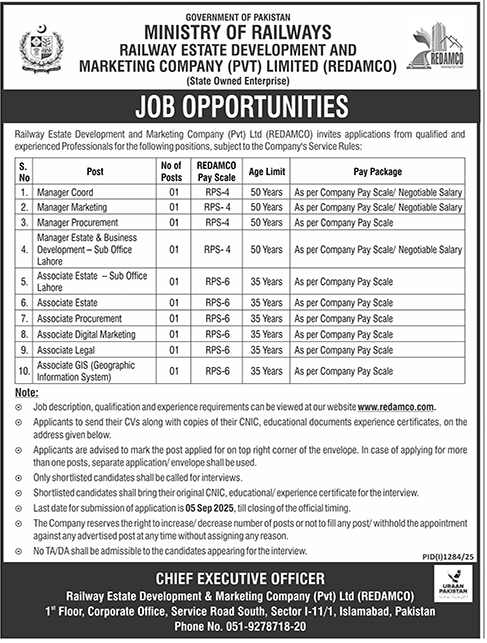 The Latest Vacancies in Pakistan Railways REDAMCO 2025