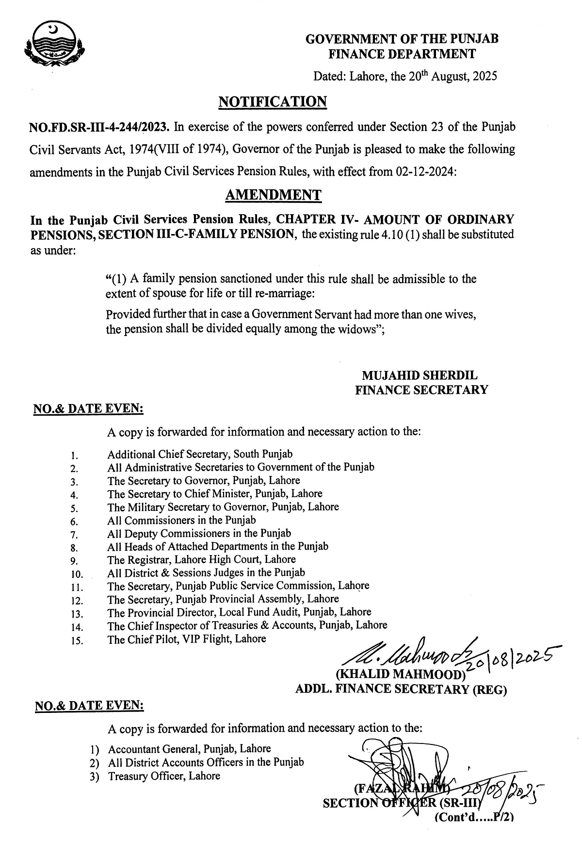 Notification of Family Pension to Spouse for Life (Punjab Pensioners) 2025