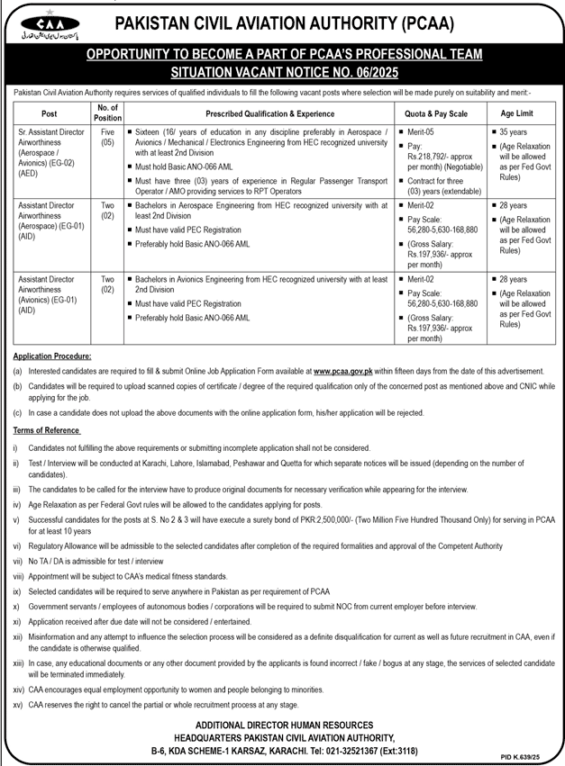 Pakistan Civil Aviation Authority (PCAA) Jobs 2025