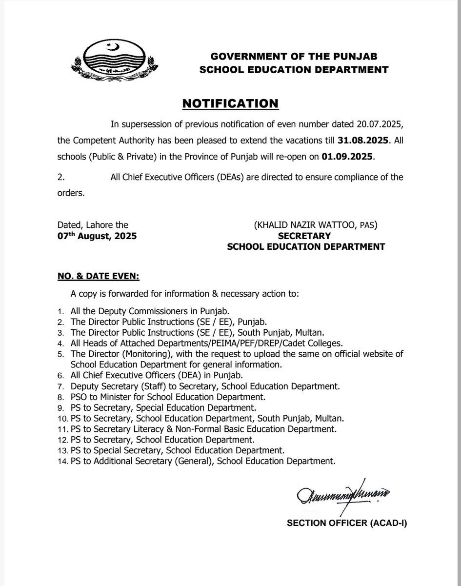 Extension Summer Vacation 2025 SED Punjab till 31-08-2025