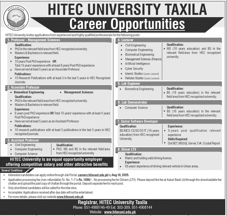 Teaching and Non-Teaching Vacancies in HITEC University Taxila 2025 