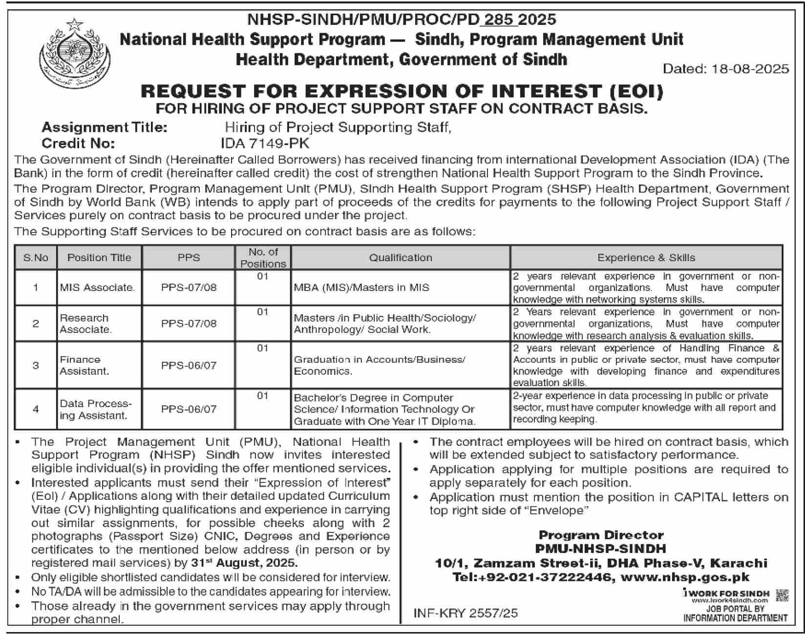 Project Support Staff on Contract Basis Vacancies in NHSP Sindh
