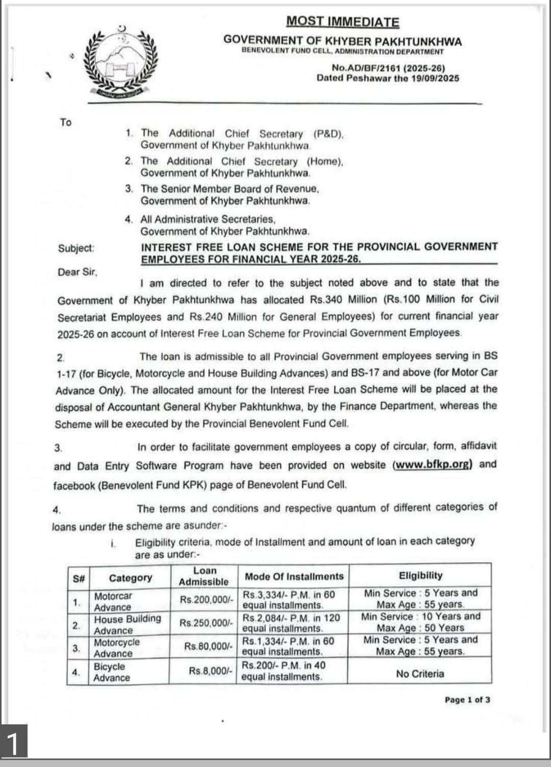 Advance without Interest for HBA, MCA, Bicycle and Motorcycle Advance for the Employees of KPK