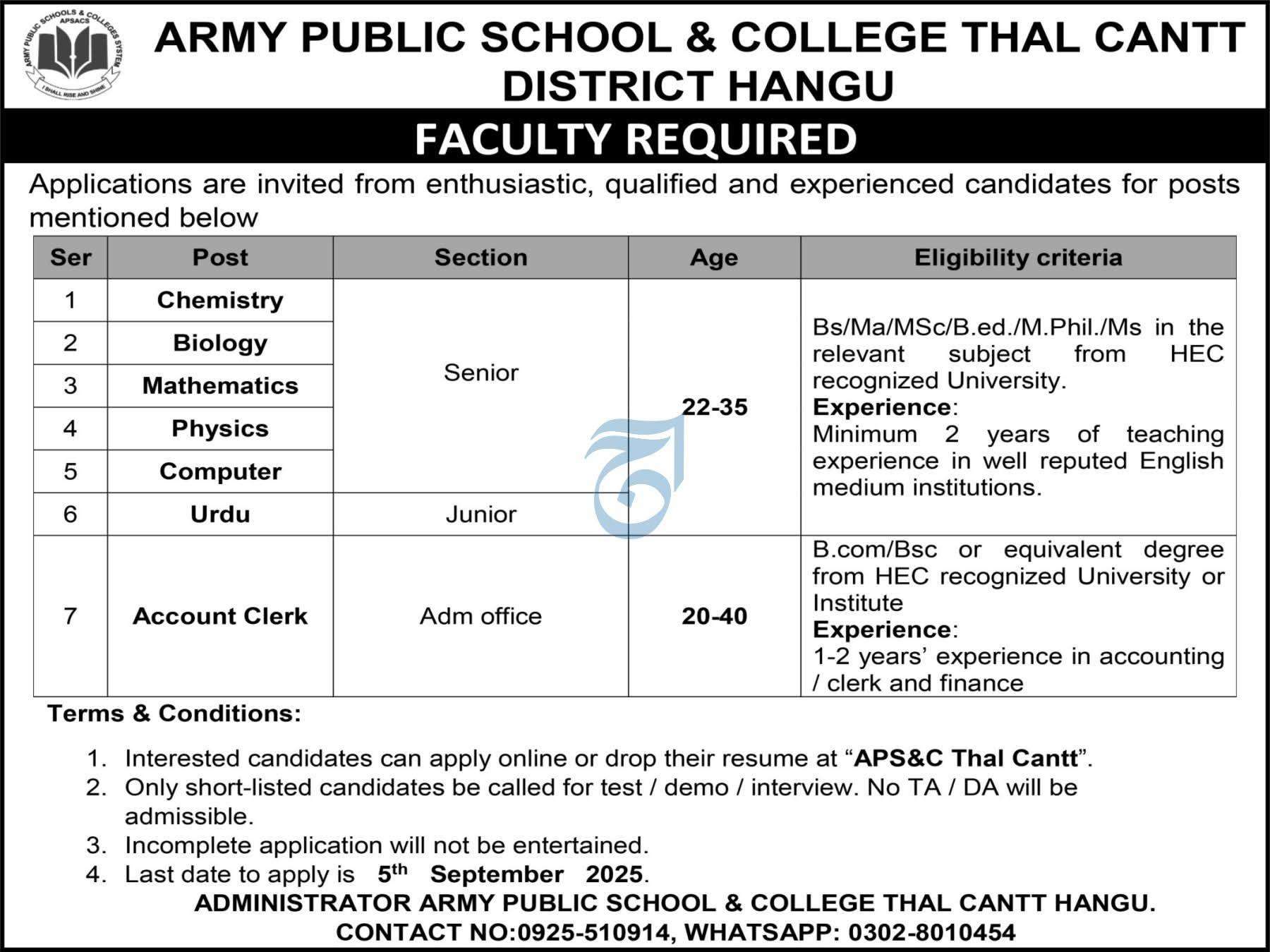 Teaching and Non-Teaching Jobs in the APSC Thal Cantt