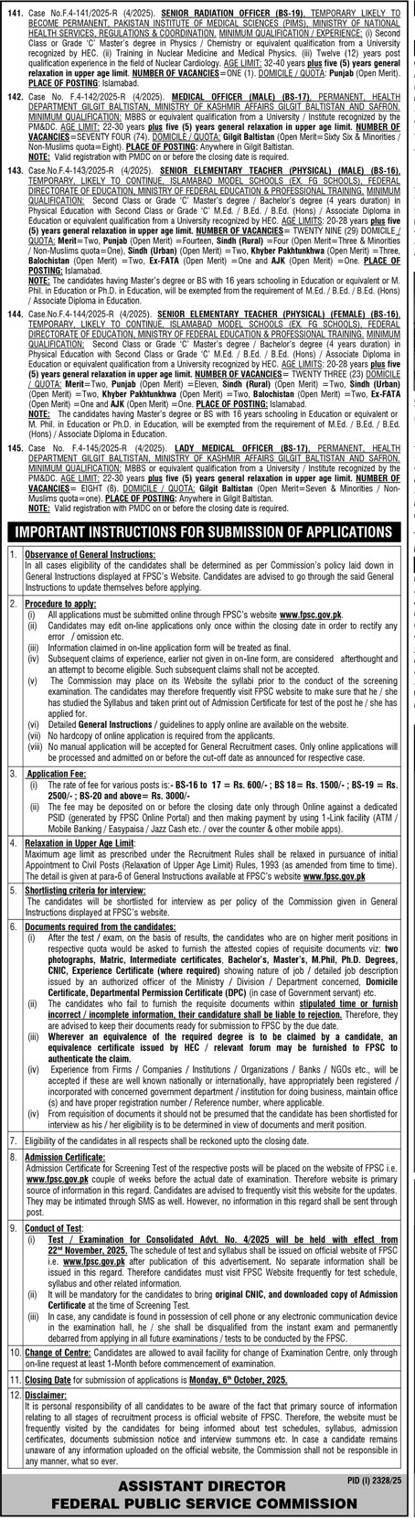 FPSC Jobs Ad No. 04 of 2025