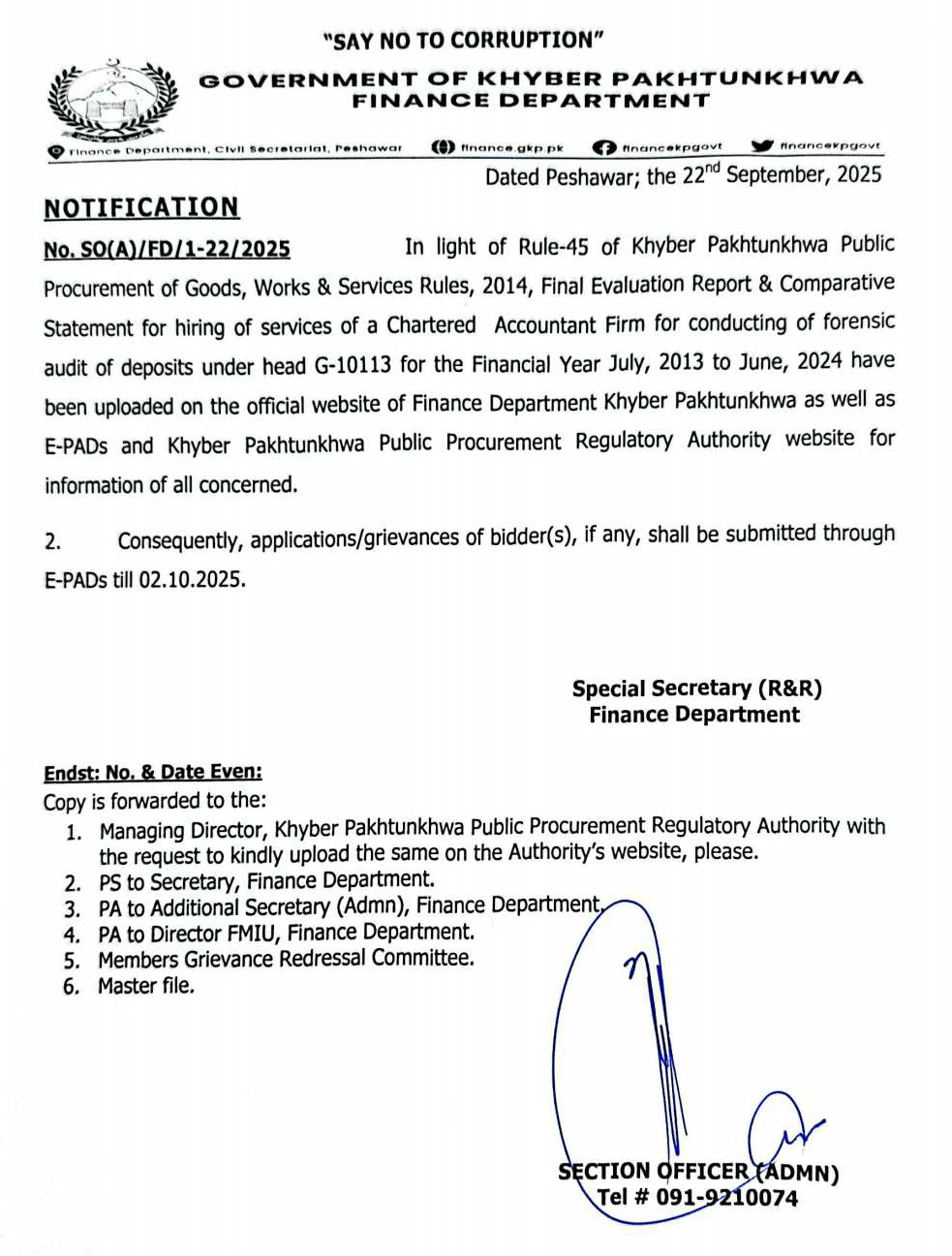 Notification Grievance Redressal for Hiring Services of a Chartered Accountancy Firm for Conducting a Forensic Audit of Deposits