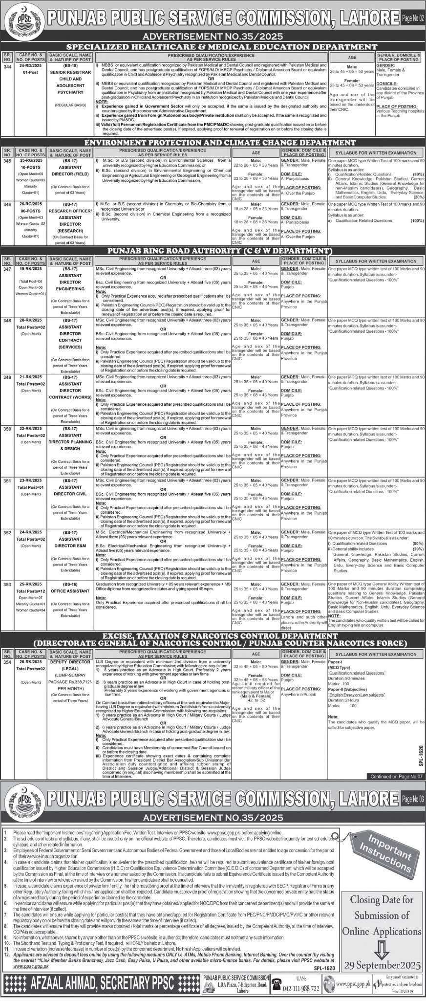 Regular and Contractual BPS-16 to BPS-18 Vacancies through PPSC Sep 2025