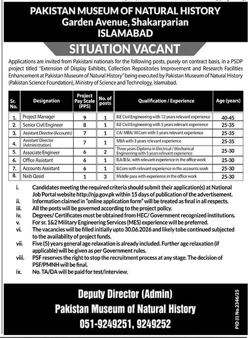 the latest vacancies at the Pakistan Museum of Natural History