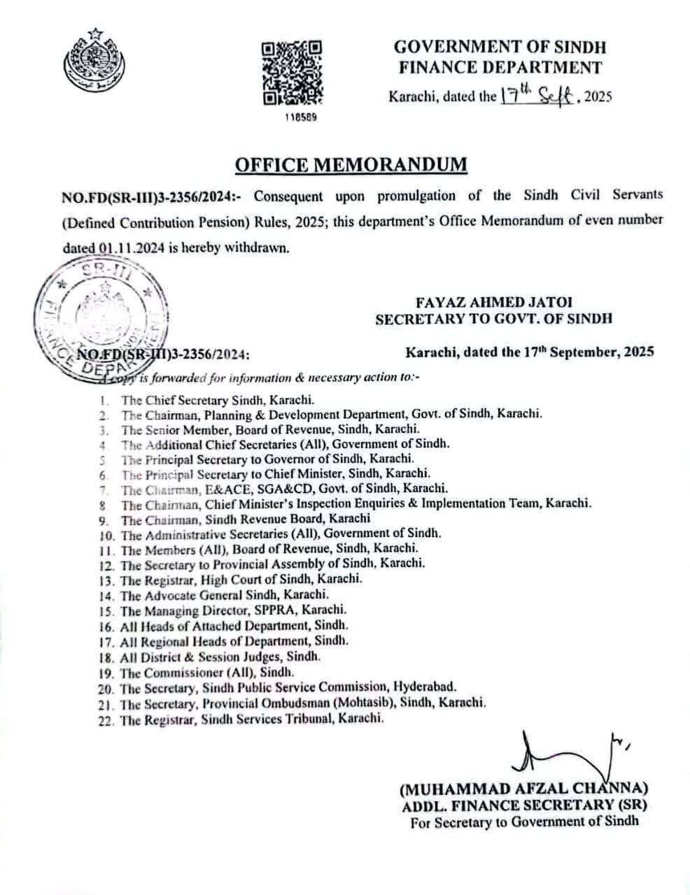 Withdrawn Defined Contribution Scheme Sindh Notification Dated 01-11-2024