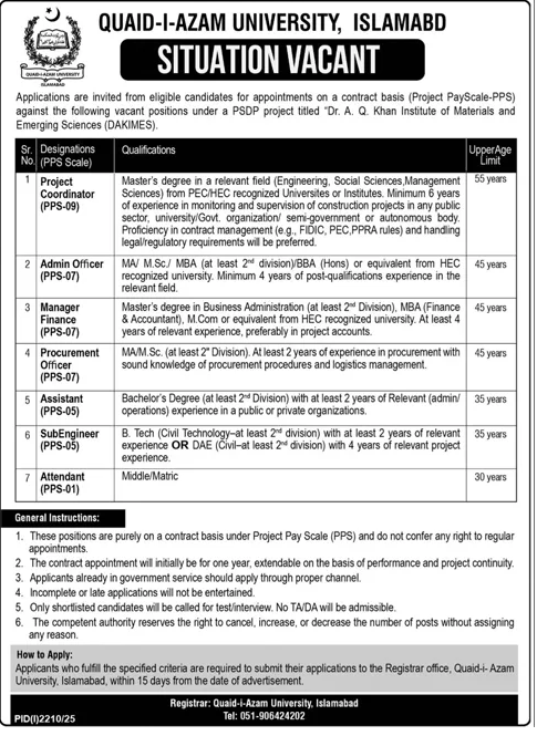 PPS-01 to PPS-9 Vacancies in QAU Islamabad