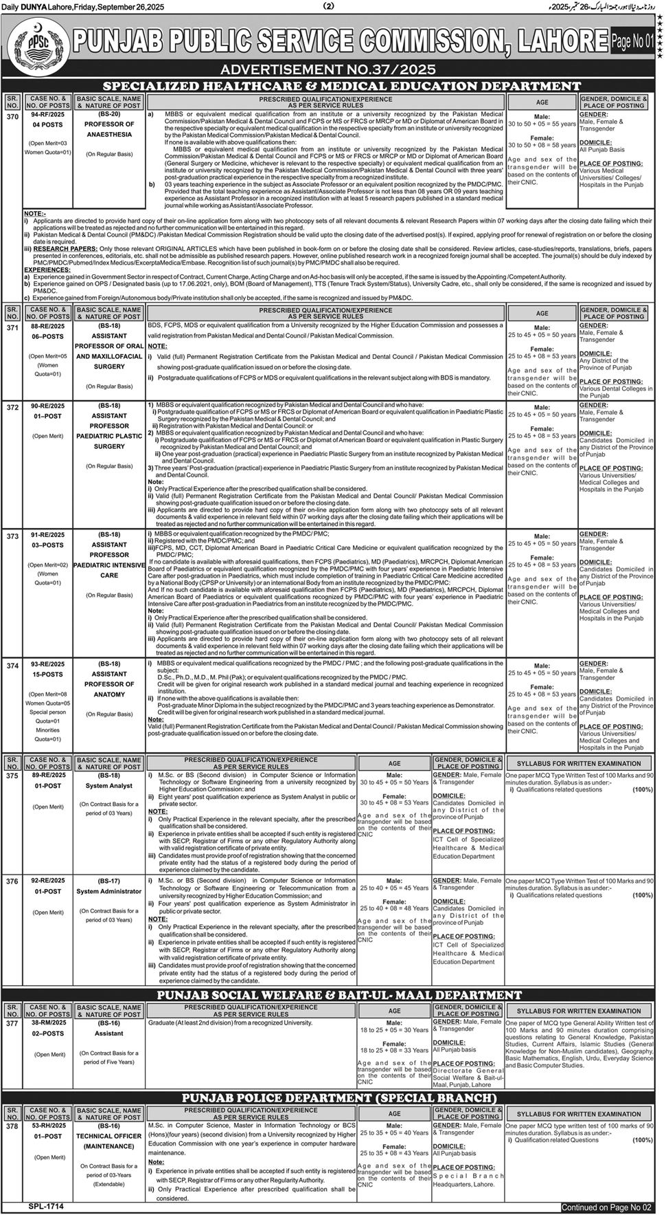 The Latest Teaching and Other Vacancies 2025 through PPSC