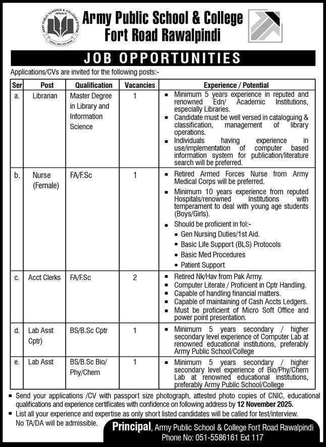 Army Public School Jobs Fort Road Rawalpindi 2025 Advertisement