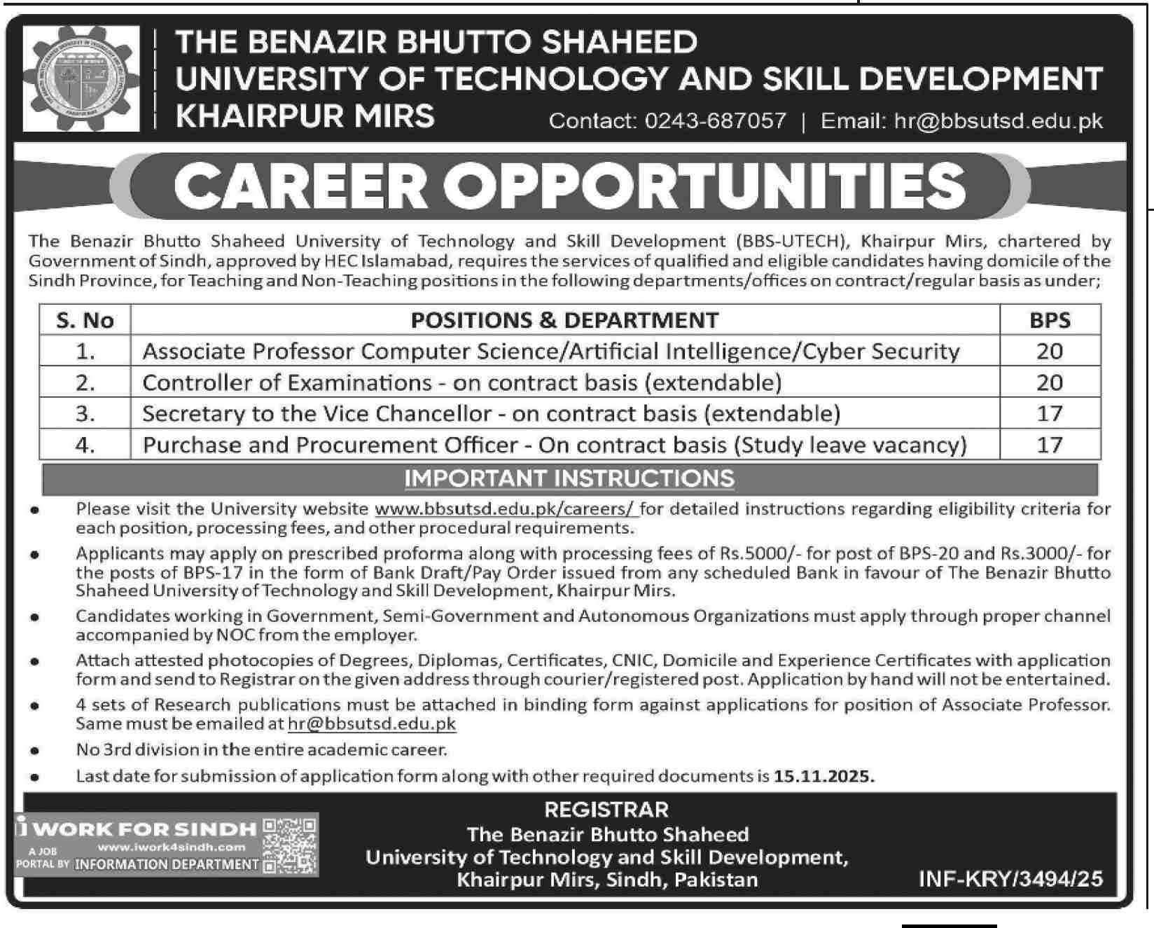 Benazir Bhutto University Jobs Advertisement 2025 Khairpur Mirs