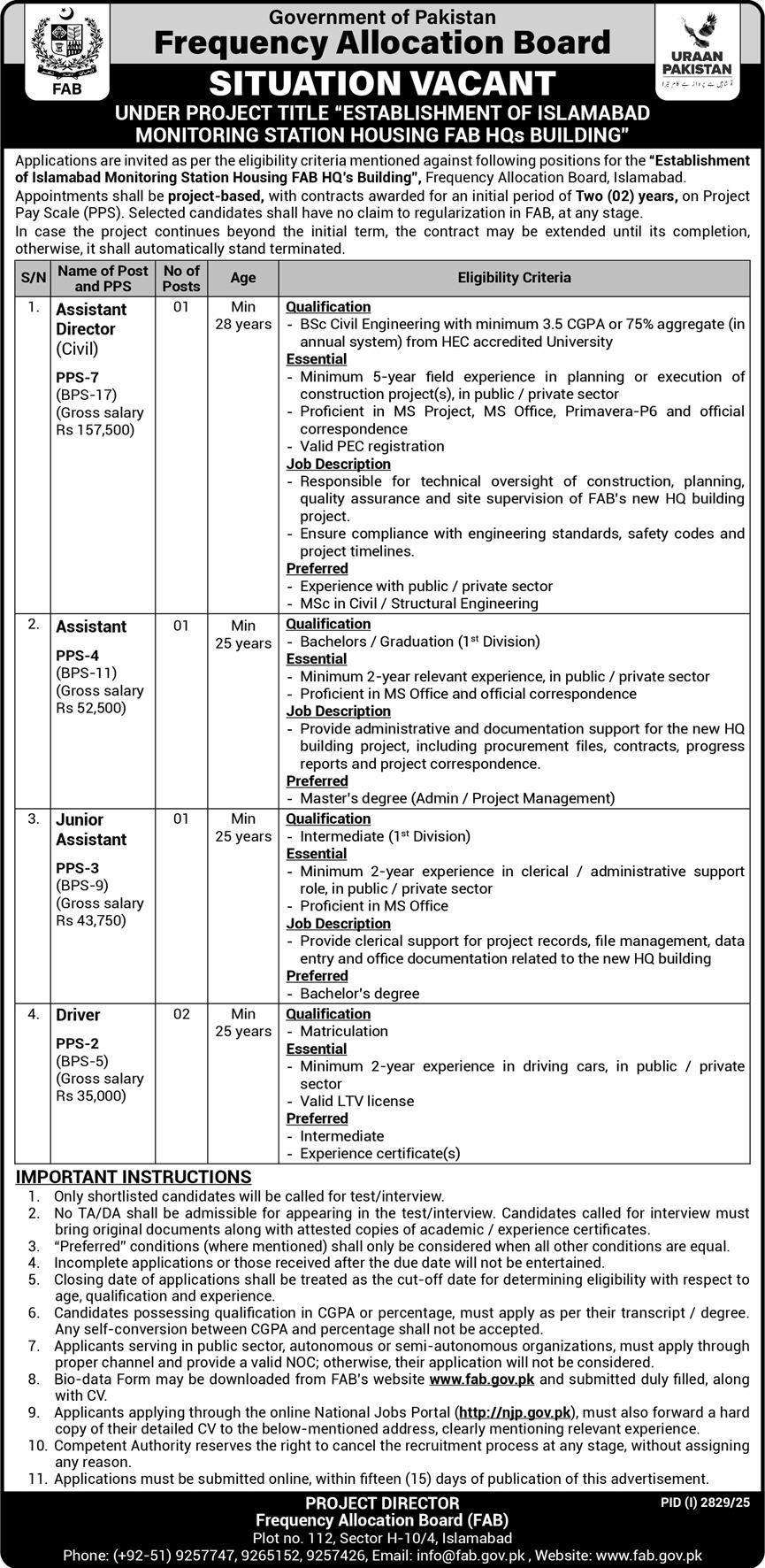 Frequency Allocation Board Jobs 2025 Islamabad Advertisement