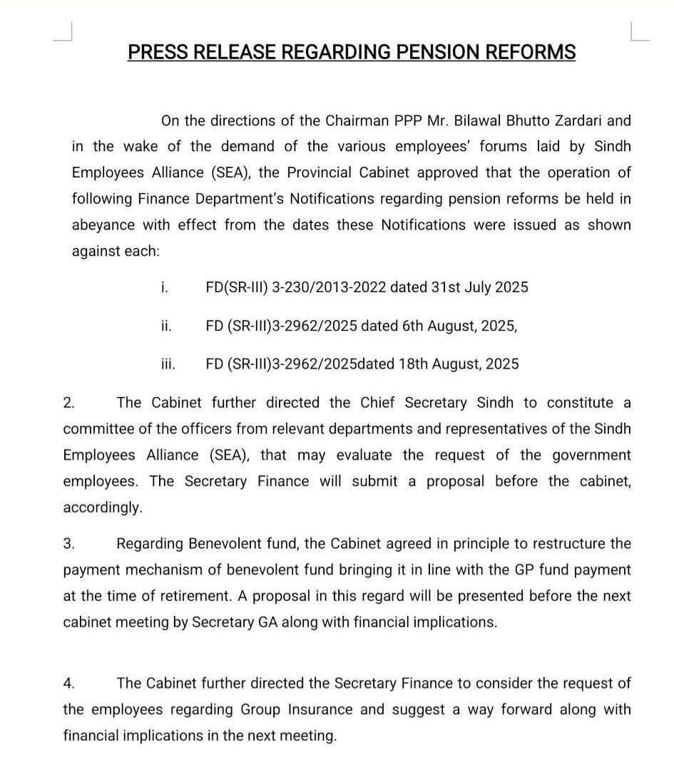 Held in Abeyance the Pension Reforms Notifications 2025 (Sindh)