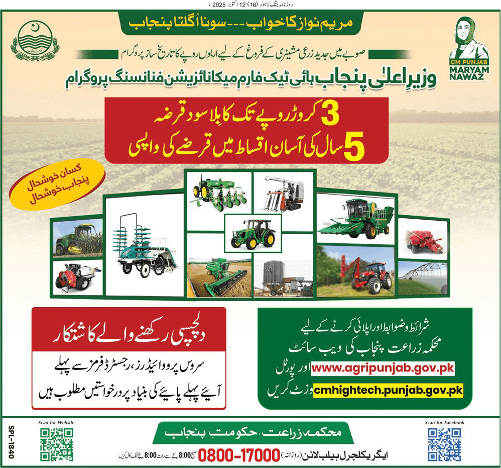 Interest Free Loan upto 3 Crore (30 Million) in 5 Years Easy Installments for Farmers in Punjab