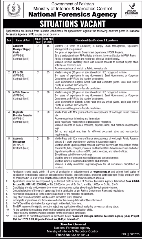 Ministry of Interior & Narcotics Control, National Forensics Agency Jobs 2025