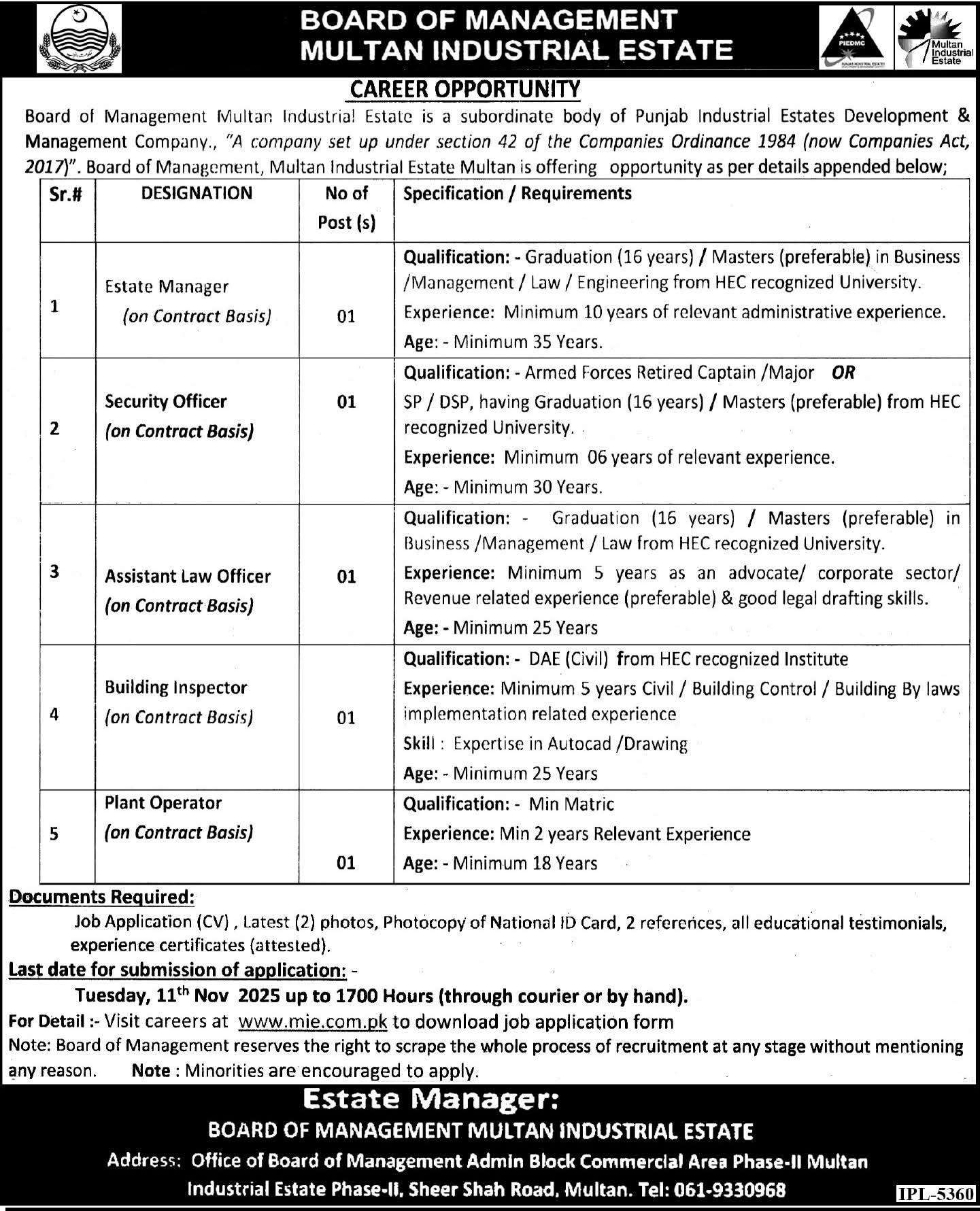 Multan Industrial Estate Jobs Advertisement 2025 Board of Management