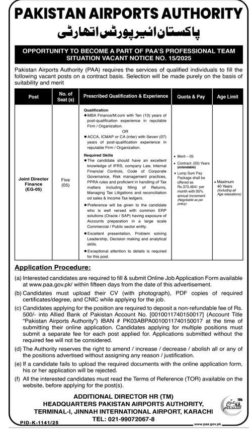 PAA Joint Director Finance (EG-05) Vacancies 2025