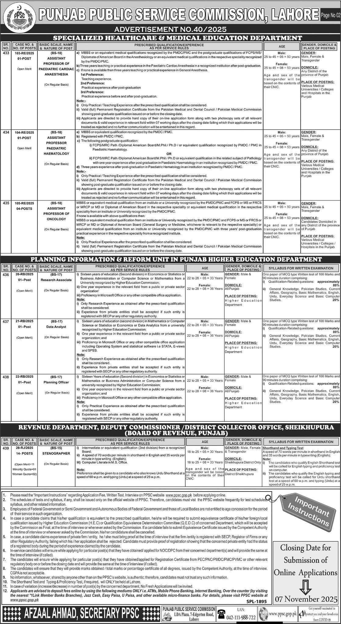 PPSC Jobs Ad No. 40/2025