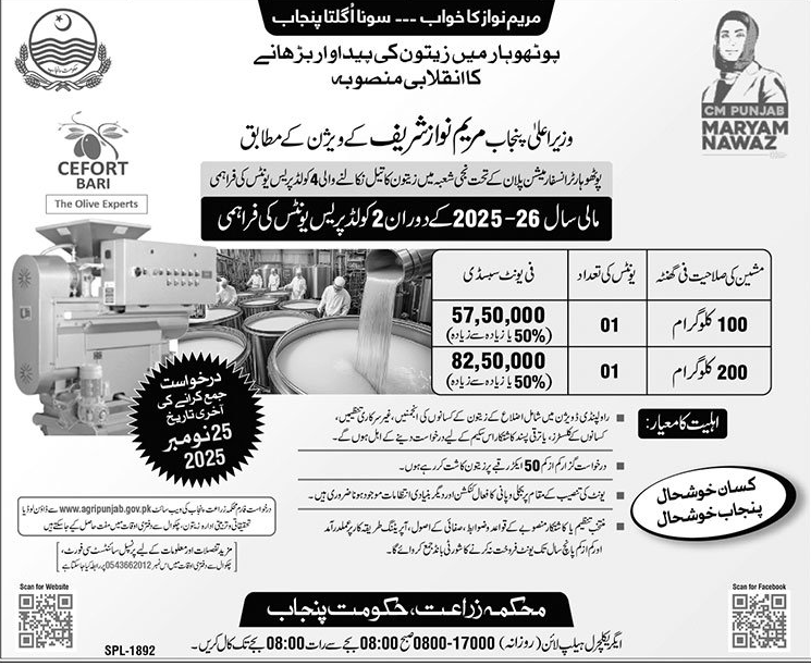 Punjab Olive Subsidy Scheme 2025-26 Advertisement with 50% Subsidy Details