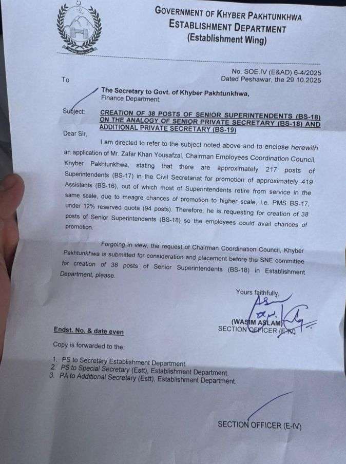 Request for the Creation of 38 Posts of Senior Superintendents (Bs-18) On The Analogy of Senior Private Secretary (Bs-18) And Additional Private Secretary (Bs-19)