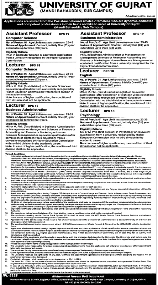Teaching Vacancies 2025 in University of Gujrat (Mandi Bahauddin Sub Campus)