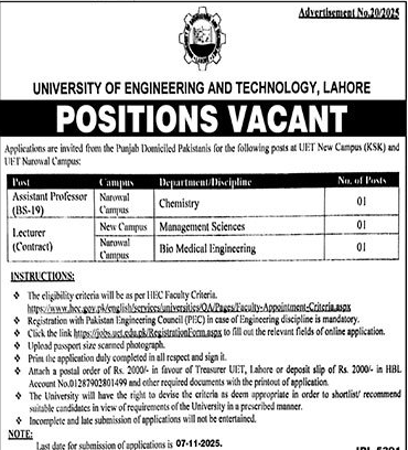 UET Lahore Teaching Vacancies 2025 Advertisement for Assistant Professor and Lecturer