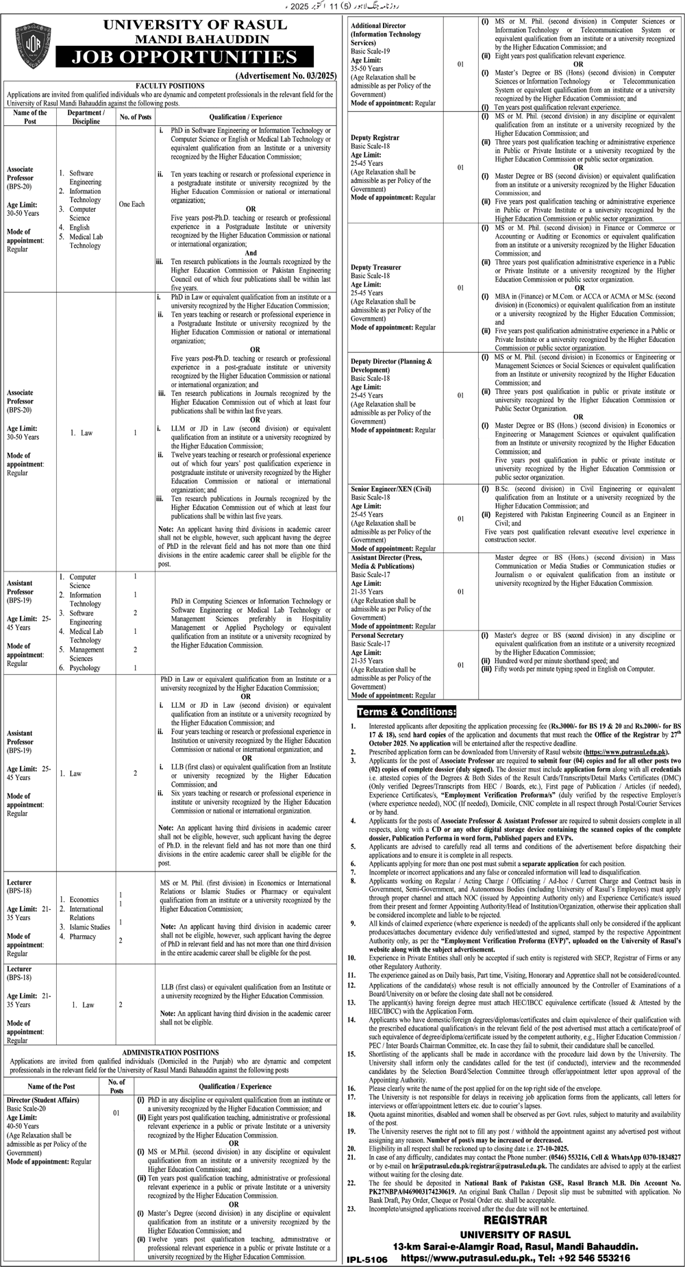 University of Rasul Jobs 2025 | faculty and administrative vacancies