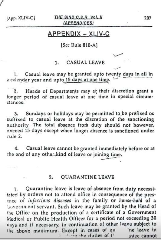 Casual Leave Sindh Rules page showing official leave instructions