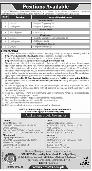 Comsats University Islamabad Jobs 2025 Advertisement for Lecturer and Engineer Positions