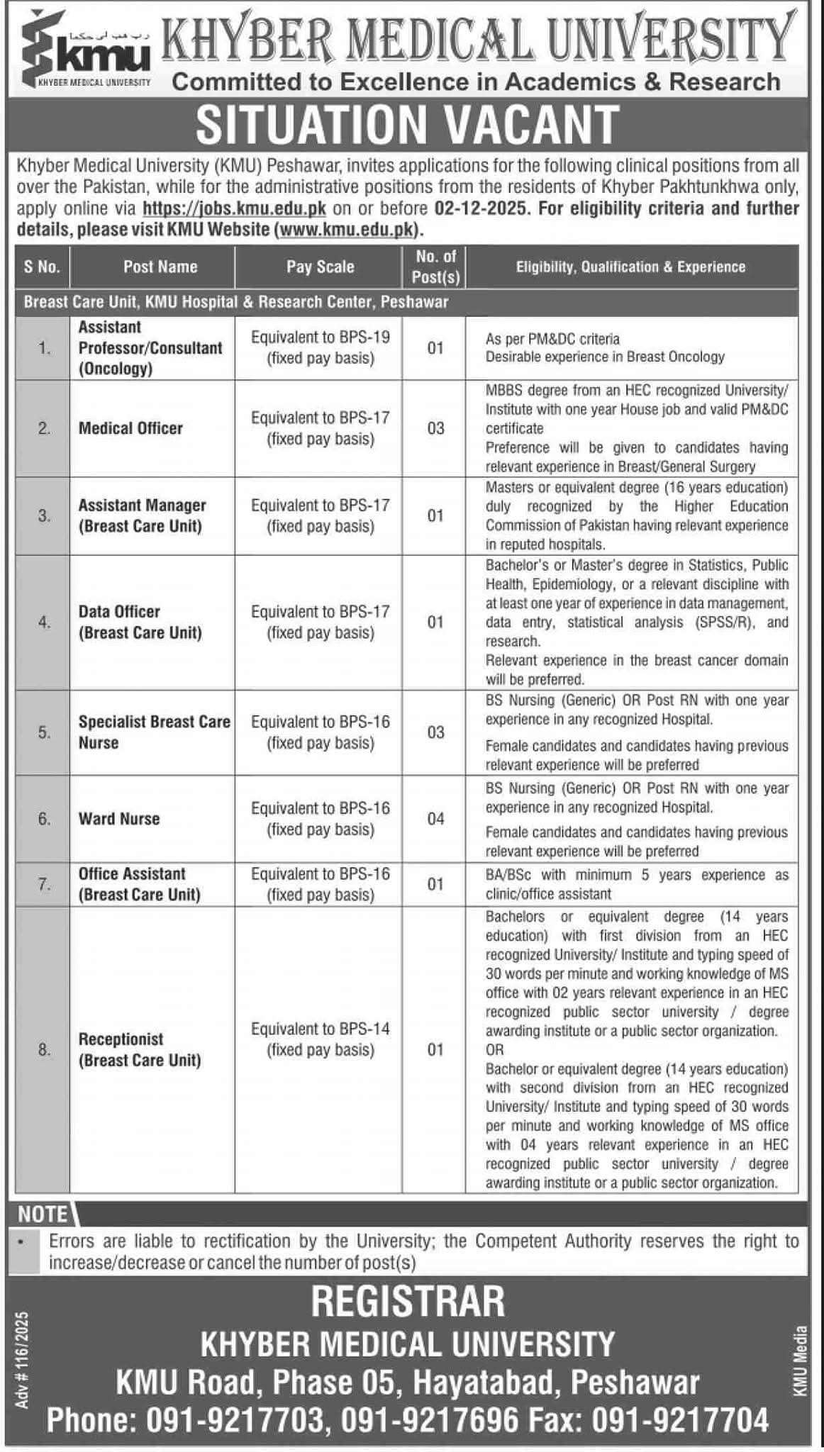 KMU Peshawar Jobs 2025 official situation vacant advertisement page