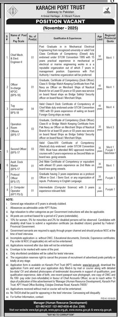 Karachi Port Trust Jobs November 2025 advertisement with latest KPT vacancies