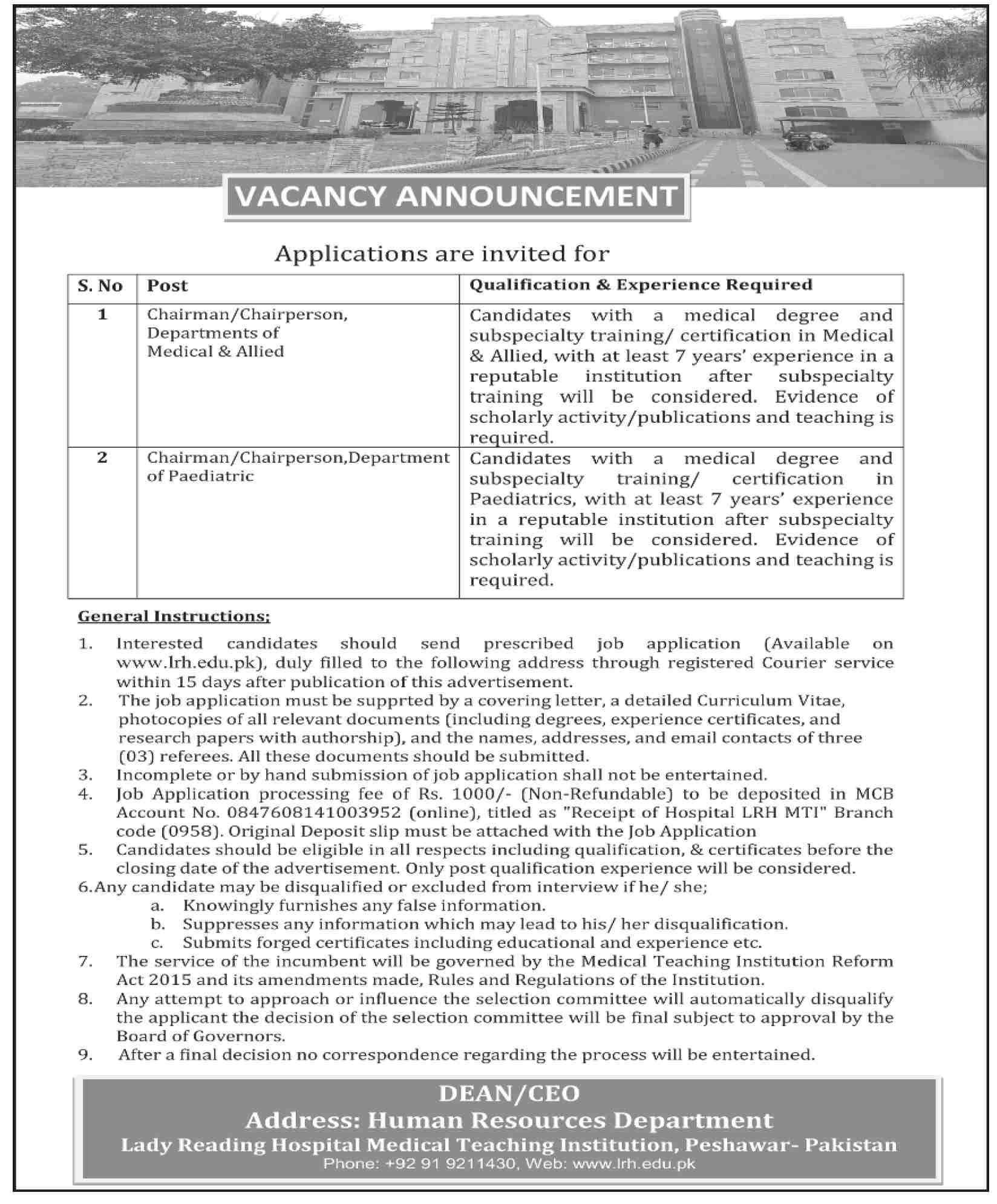 Lady Reading Hospital Vacancies Announcement Poster 2025 Peshawar