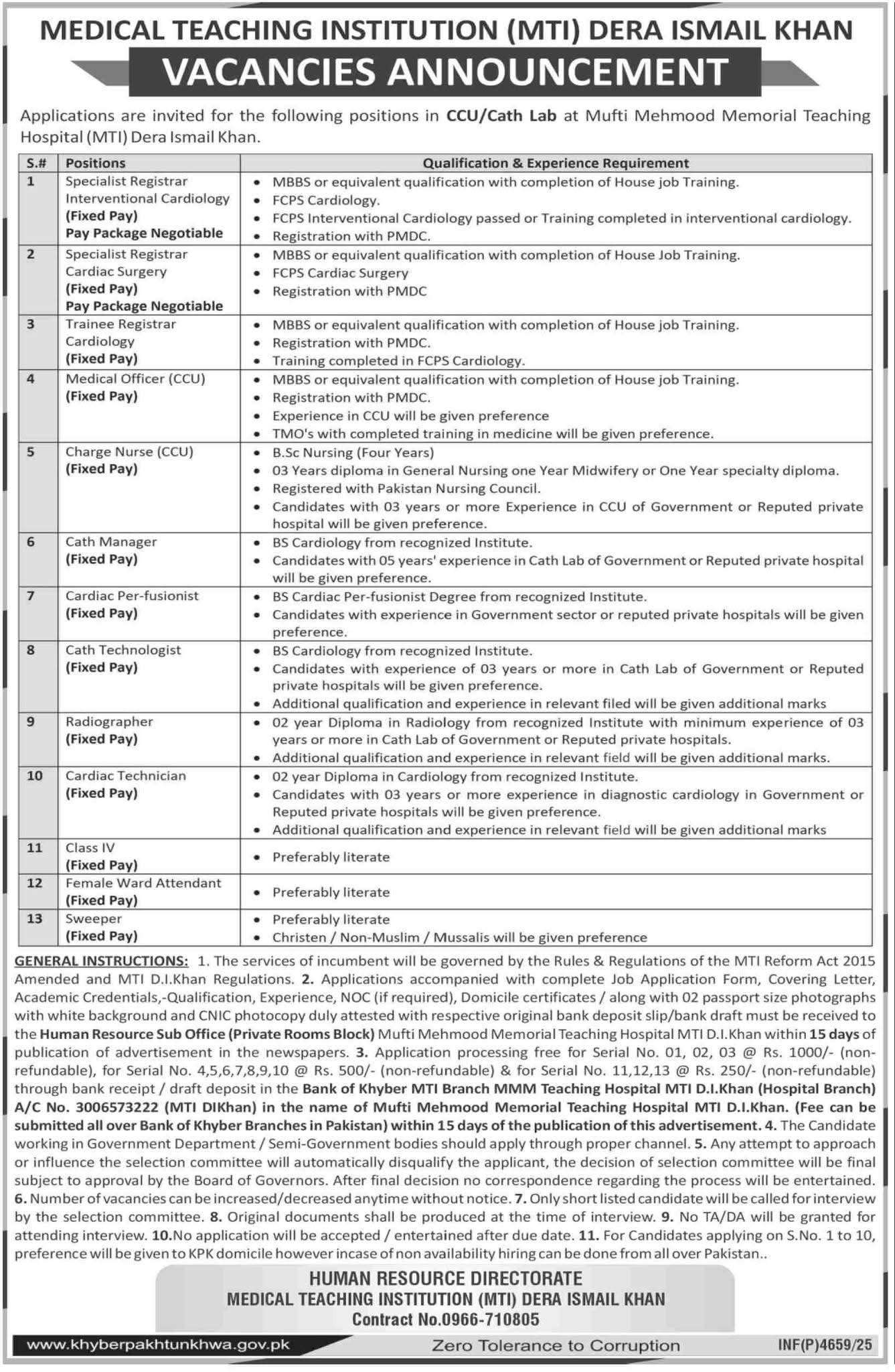MTI Dera Ismail Khan Jobs 2025 Advertisement CCU/Cath Lab