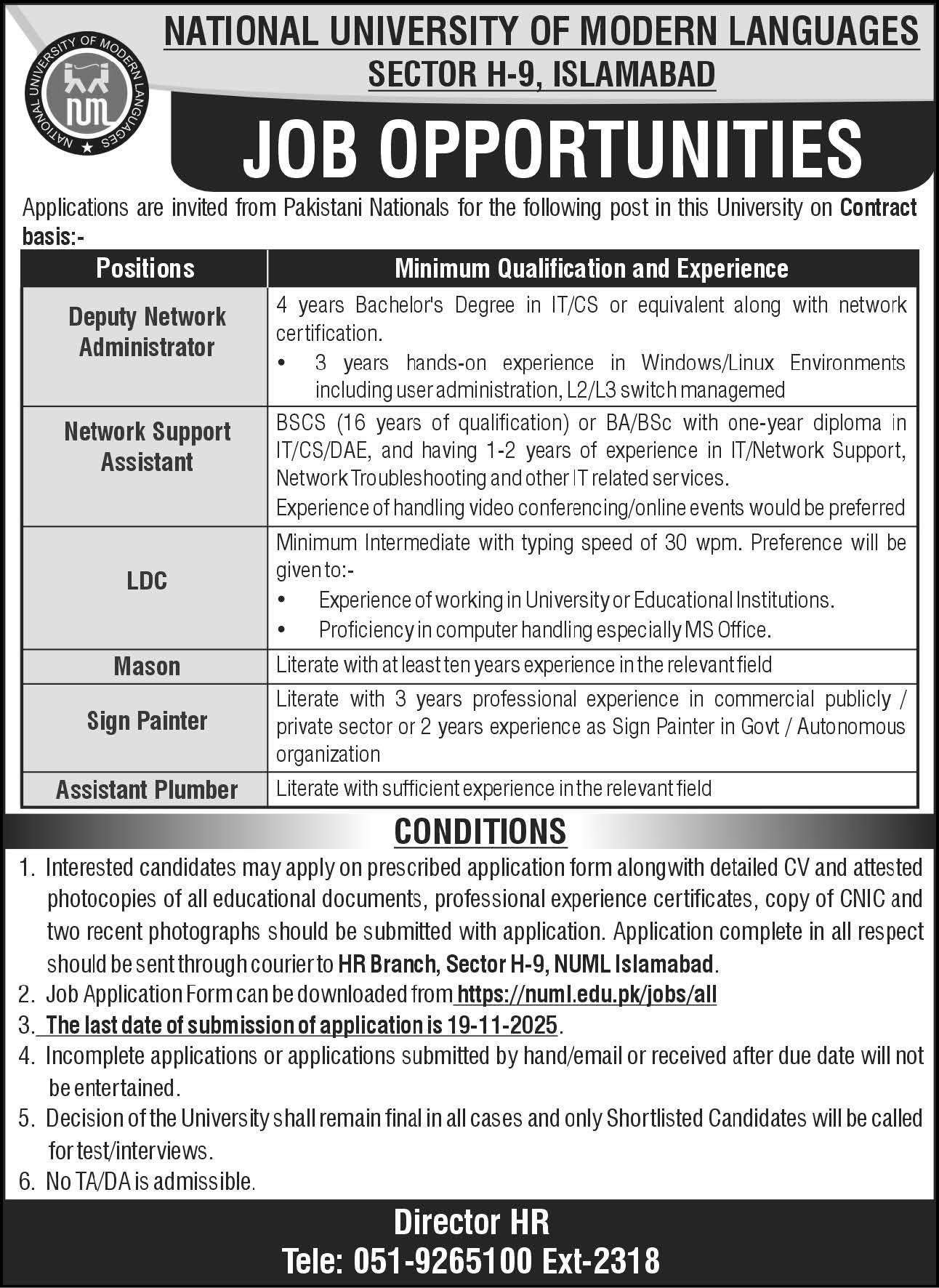 National University Islamabad Vacancies Poster 2025 NUML Jobs Announcement