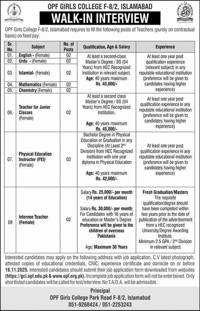 OPF Girls College Vacancies Islamabad Walk-In Interview Notice