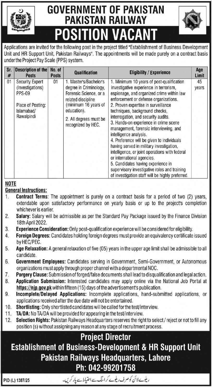 Pakistan Railways Security Expert vacancies 2025 notice