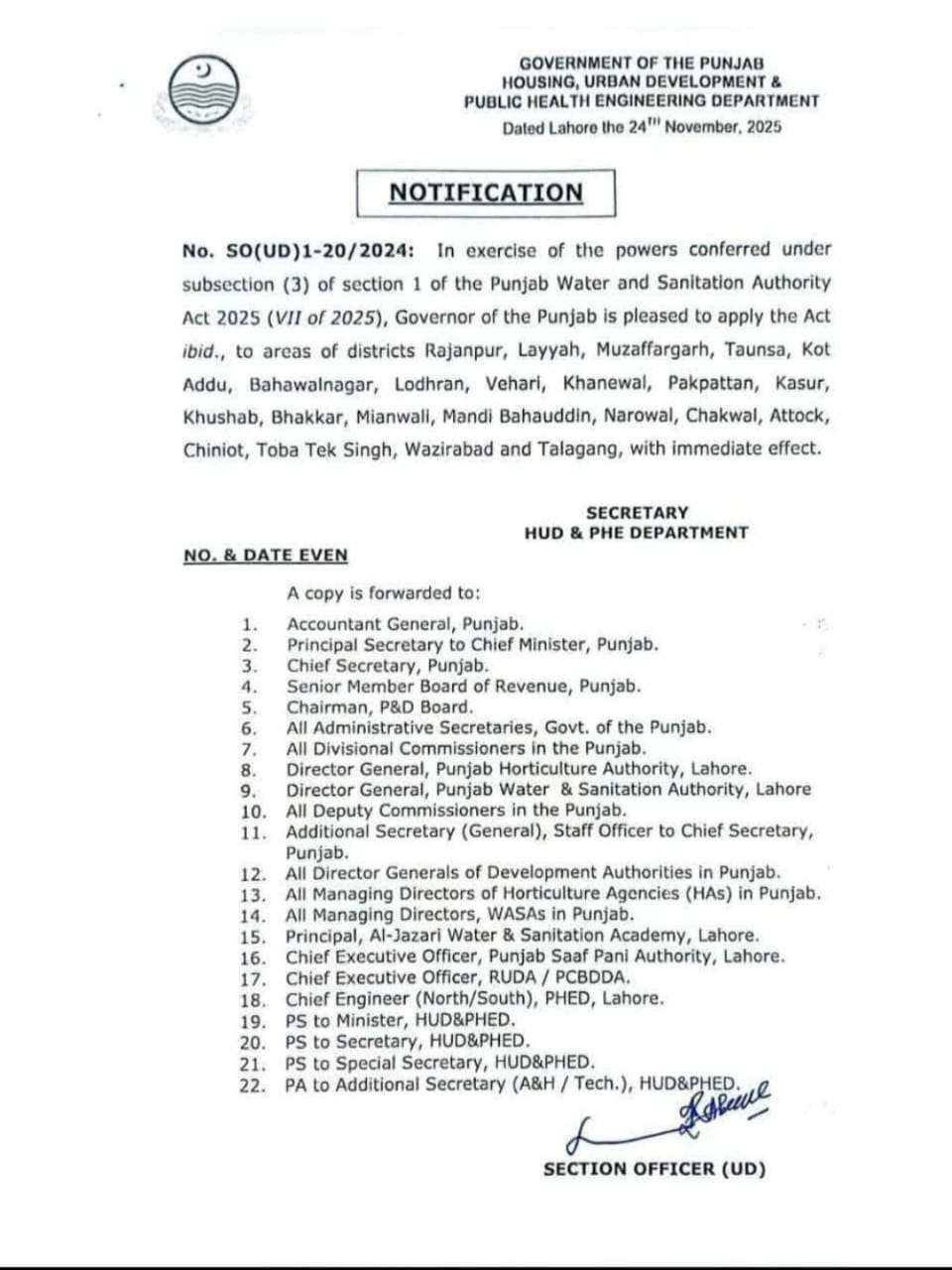 Establishing WASA in 22 More Districts of Punjab